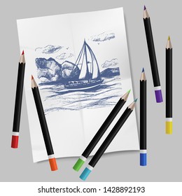 Hand drawn stationery set. Vector color illustration. Set of artist colored pencils and sketch monotype ink pen naturalistic drawning of sailing-ship in sea.