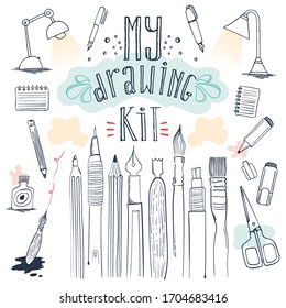Hand drawn stationery set. Vector doodle illustration.Set of artistic accessories and supplies. Pencil, Pen, Marker, Brush, Stylus, Highlighter.