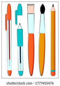 Hand drawn stationery set. Vector flat illustration. Set of school accessories and supplies. Tools composition. Pencil, Pens and Brushes