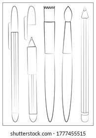 Hand drawn stationery set. Vector Outline illustration. Set of school accessories and supplies. Tools composition. Pencil, Pens and Brushes