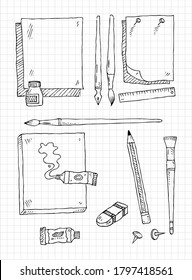 Hand drawn stationery set. Vector doodle illustration.Set of school accessories . Pencil,Brush,paper,pencil sharpener,clip,pin.