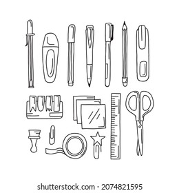 Hand drawn stationery set. Vector clip art  doodle illustration. Set of school supplies.