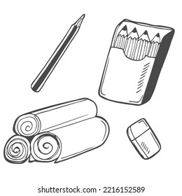 Hand drawn stationery set. Vector doodle illustration.Set of school accessories . Pencil, paper, eraser and wooden pencils.