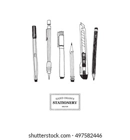 Hand drawn stationery set. Vector doodle illustration. Set of school accessories and supplies. Tools composition. Pencil, Pen, Stylus, Marker.