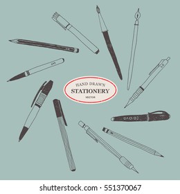 Hand drawn stationery set. Vector doodle illustration. Set of school accessories and supplies. Tools composition. Pencil, Pen, Marker, Brush, Stylus.