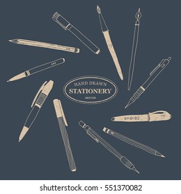 Hand drawn stationery set. Vector doodle illustration. Set of school accessories and supplies. Tools composition. Pencil, Pen, Marker, Brush, Stylus.
