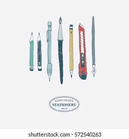 Hand drawn stationery set. Vector color illustration. Set of school accessories and supplies. Doodle tools composition. Pencil, Pen, Brush, Stylus, Highlighter, Cutter.