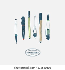 Hand drawn stationery set. Vector color illustration. Set of school accessories and supplies. Doodle tools composition. Pen, Marker, Stylus.