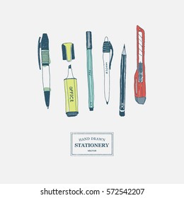 Hand drawn stationery set. Vector color illustration. Set of school accessories and supplies. Doodle tools composition. Pencil, Pen, Stylus, Marker, Highlighter, Cutter.