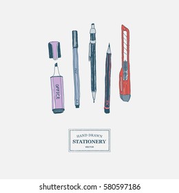 Hand drawn stationery set. Vector color illustration. Set of school accessories and supplies. Doodle tools composition. Pencil, Pen, Stylus, Marker, Highlighter, Cutter.