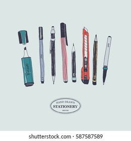 Hand drawn stationery set. Vector color illustration. Set of school accessories and supplies. Doodle tools composition. Pencil, Pen, Stylus, Marker, Highlighter, Cutter.