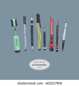 Hand drawn stationery set. Vector color illustration. Set of school accessories and supplies. Doodle tools composition. Pencil, Pen, Stylus, Marker, Highlighter, Cutter.