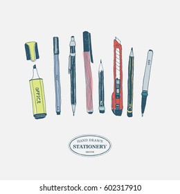 Hand drawn stationery set. Vector color illustration. Set of school accessories and supplies. Doodle tools composition. Pencil, Pen, Stylus, Marker, Highlighter, Cutter.