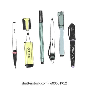 Hand drawn stationery set. Vector color illustration. Set of school accessories and supplies. Doodle tools composition. Pen, Stylus, Marker, Highlighter.