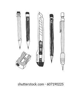 Hand drawn stationery set. Vector doodle illustration. Set of school accessories and supplies. Tools composition. Pencil, Cutter, Sharpener.