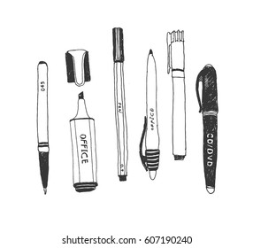 Hand drawn stationery set. Vector doodle illustration. Set of school accessories and supplies. Tools composition. Pen, Marker, Stylus, Highlighter.
