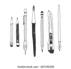 Hand drawn stationery set. Vector doodle illustration. Set of school accessories and supplies. Tools composition. Pencil, Pen, Marker, Brush, Stylus, Highlighter, Cutter.