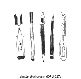 Hand drawn stationery set. Vector doodle illustration. Set of school accessories and supplies. Tools composition. Pencil, Pen, Stylus, Marker, Highlighter, Cutter.
