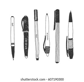 Hand drawn stationery set. Vector doodle illustration. Set of school accessories and supplies. Tools composition. Pen, Marker, Stylus.