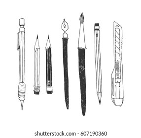 Hand drawn stationery set. Vector doodle illustration. Set of school accessories and supplies. Tools composition. Pencil, Pen, Marker, Brush, Stylus, Highlighter, Cutter.