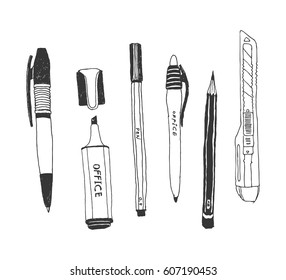 Hand drawn stationery set. Vector doodle illustration. Set of school accessories and supplies. Tools composition. Pencil, Pen, Stylus, Marker, Highlighter, Cutter.