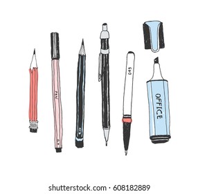 Hand drawn stationery set. Vector color illustration. Set of school accessories and supplies. Doodle tools composition. Pencil, Pen, Stylus, Marker, Highlighter.