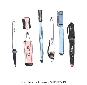 Hand drawn stationery set. Vector color illustration. Set of school accessories and supplies. Doodle tools composition. Pen, Stylus, Marker, Highlighter.