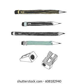 Hand drawn stationery set. Vector color illustration. Set of school accessories and supplies. Doodle tools composition. Pencil, Cutter, Sharpener.