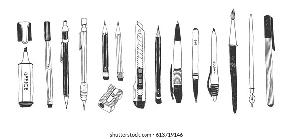 Hand drawn stationery set. Vector doodle illustration. Set of school accessories and supplies. Tools composition. Pencil, Pen, Marker, Brush, Stylus, Highlighter, Cutter.