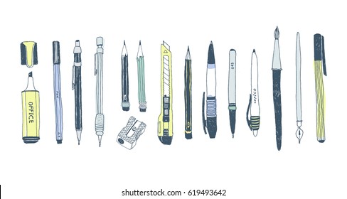 Hand drawn stationery set. Vector doodle illustration. Set of school accessories and supplies. Tools composition. Pencil, Pen, Marker, Brush, Stylus, Highlighter, Cutter, Sharpener.