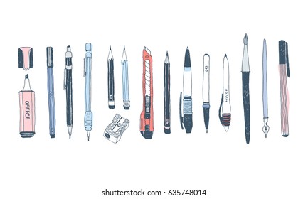 Hand drawn stationery set. Vector doodle illustration. Set of school accessories and supplies. Tools composition. Pencil, Pen, Marker, Brush, Stylus, Highlighter, Cutter, Sharpener.