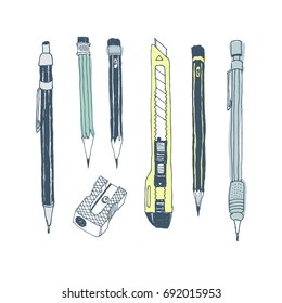 Hand drawn stationery set. Vector color illustration. Set of school accessories and supplies. Doodle tools composition. Pencil, Cutter, Sharpener.