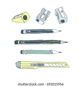 Hand drawn stationery set. Vector color illustration. Set of school accessories and supplies. Doodle tools composition. Pencil, Pen, Stylus, Marker, Highlighter, Cutter.