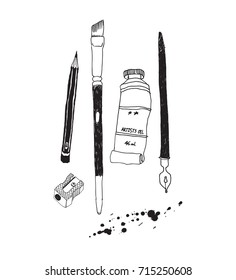 Hand drawn stationery set. Vector doodle illustration. Set of school accessories and supplies. Tools composition. Pencil, Brush, Calligraphy Pen, Sharpener, Paint Tube.