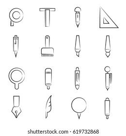 hand drawn stationery and writing tool icon set