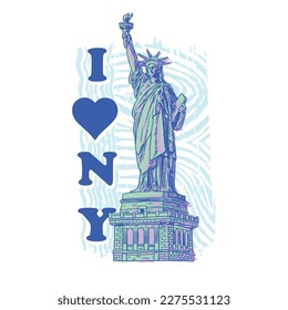 HAND DRAWN STATUE LIBERTY NEW YORK AMERICAN FREEDOM PAINTED BRUSH STROKE DISTRESSED BUILDING LANDMARK TYPOGRAPHY DESTINATION TOURIST HOLIDAY VINTAGE TSHIRT TEE PRINT FOR APPAREL MERCHANDISE