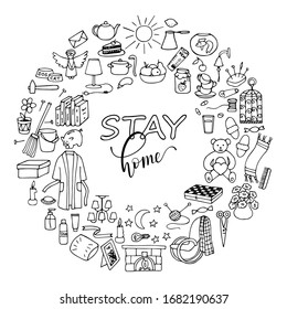 Hand drawn Stay Home vector illustration. Vector illustration of round frame with doodle home elements
