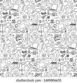 Hand drawn Stay Home vector seamless pattern with home objects