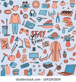 Hand drawn Stay Home vector seamless pattern with home objects
