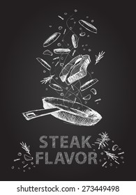 Hand drawn steak flavor quotes illustration on black chalkboard