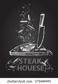 Hand Drawn Steak House Quotes Illustration On Black Chalkboard