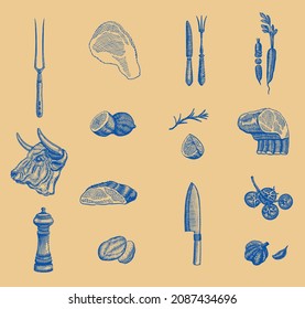 Hand drawn Steak house set. Template for your design works. Engraved style vector illustration.