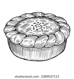 Hand drawn steak pepper pie illustration on white background