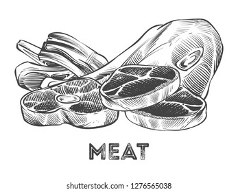 Hand drawn steak, ribs, fresh meat isolated on white