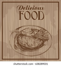 hand drawn steak vegetable delicious food. poster vintage