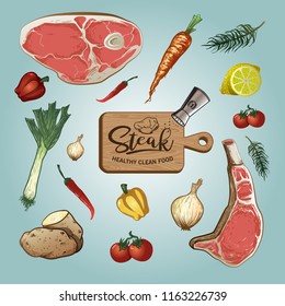 hand drawn steak and vegetables 