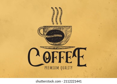 hand drawn steam coffee, mug, glass, coffee bean, coffee shop logo