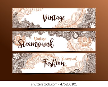 Hand drawn steam punk technology element with gear-wheel and feathers. Artistic design for flyer, banner, websites, headers or printing. Dark background