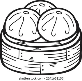 Hand Drawn steamed bun with bamboo tray Chinese and Japanese food illustration isolated on background