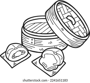 Hand Drawn steamed bun with bamboo tray Chinese and Japanese food illustration isolated on background